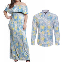Anthurium Plumeria Lei Pastel Couples Matching Off Shoulder Maxi Dress and Long Sleeve Button Shirt Blue Hawaiian Splendid Palaka LT01 Blue - Polynesian Pride