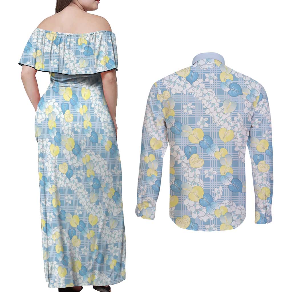 Anthurium Plumeria Lei Pastel Couples Matching Off Shoulder Maxi Dress and Long Sleeve Button Shirt Blue Hawaiian Splendid Palaka LT01 - Polynesian Pride
