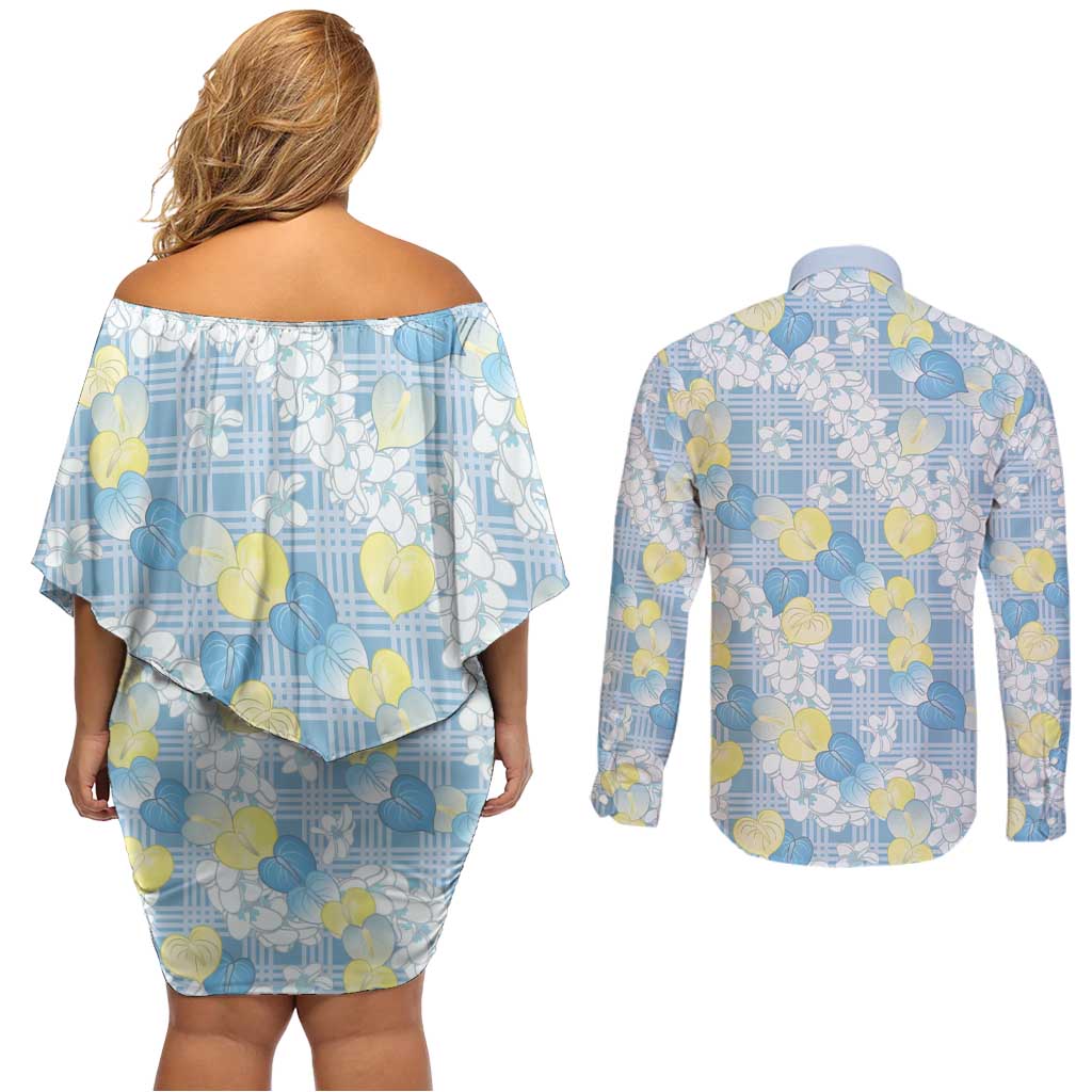 Anthurium Plumeria Lei Pastel Couples Matching Off Shoulder Short Dress and Long Sleeve Button Shirt Blue Hawaiian Splendid Palaka LT01 - Polynesian Pride