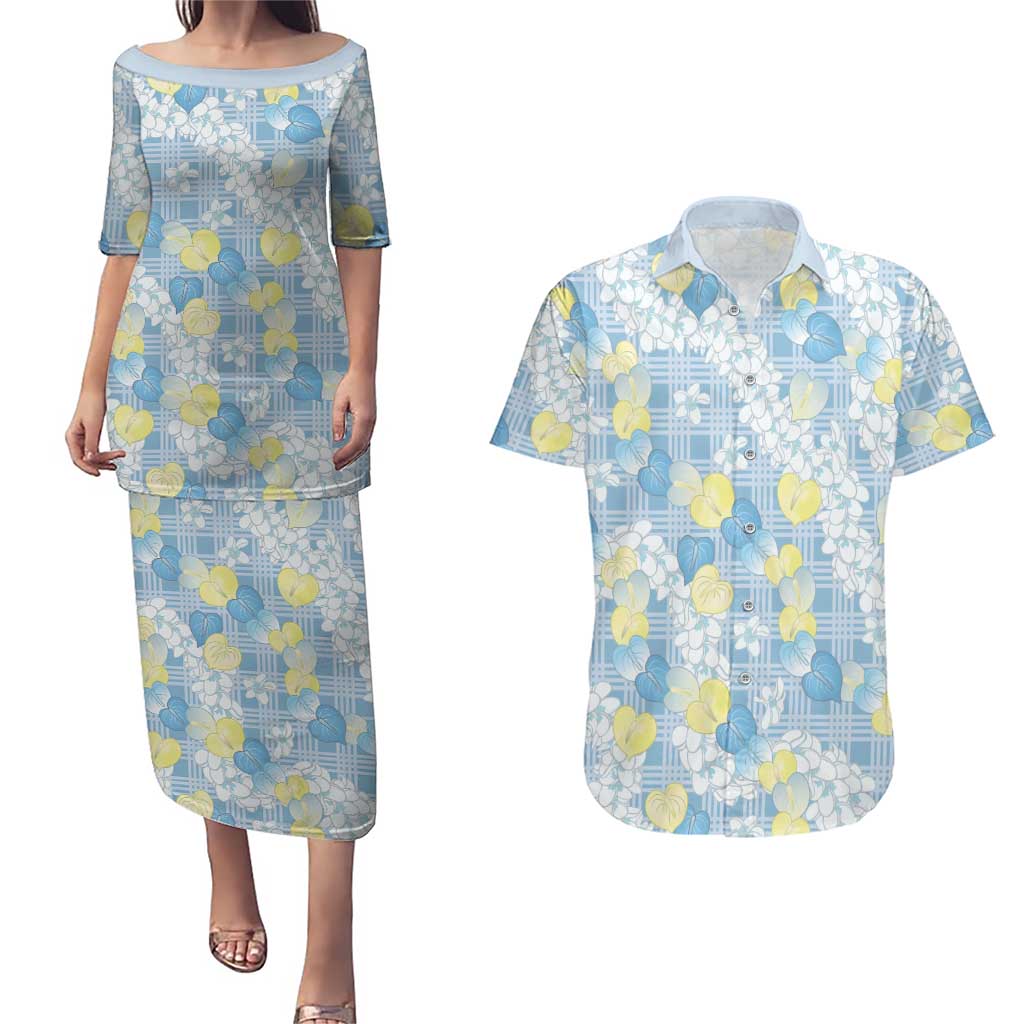 Anthurium Plumeria Lei Pastel Couples Matching Puletasi and Hawaiian Shirt Blue Hawaiian Splendid Palaka