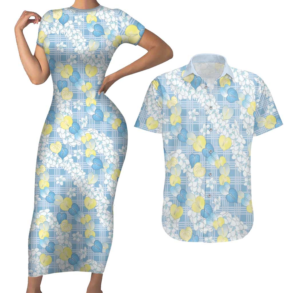 Anthurium Plumeria Lei Pastel Couples Matching Short Sleeve Bodycon Dress and Hawaiian Shirt Blue Hawaiian Splendid Palaka LT01 Blue - Polynesian Pride