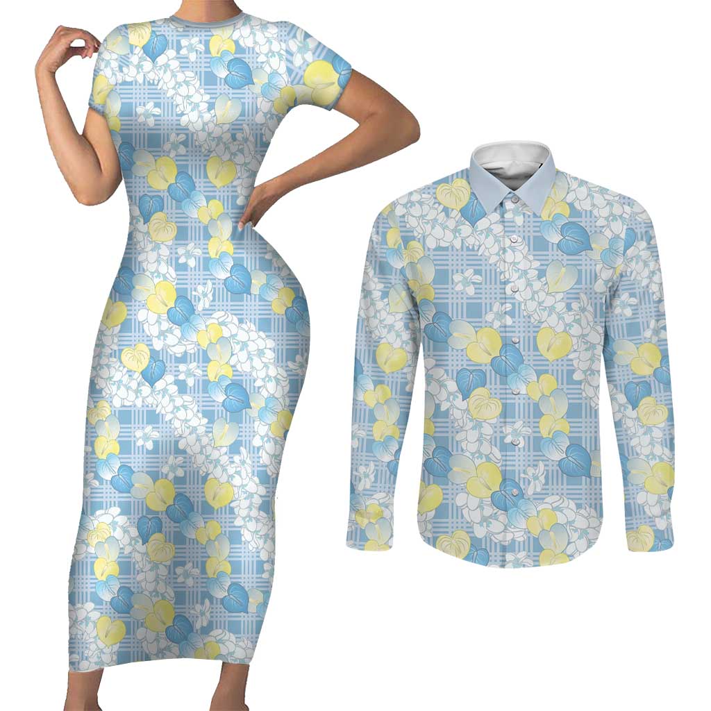 Anthurium Plumeria Lei Pastel Couples Matching Short Sleeve Bodycon Dress and Long Sleeve Button Shirt Blue Hawaiian Splendid Palaka LT01 Blue - Polynesian Pride