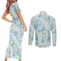 Anthurium Plumeria Lei Pastel Couples Matching Short Sleeve Bodycon Dress and Long Sleeve Button Shirt Blue Hawaiian Splendid Palaka LT01 - Polynesian Pride