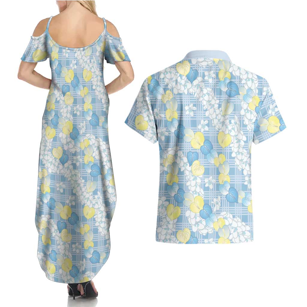 Anthurium Plumeria Lei Pastel Couples Matching Summer Maxi Dress and Hawaiian Shirt Blue Hawaiian Splendid Palaka LT01 - Polynesian Pride