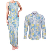 Anthurium Plumeria Lei Pastel Couples Matching Tank Maxi Dress and Long Sleeve Button Shirt Blue Hawaiian Splendid Palaka LT01 Blue - Polynesian Pride