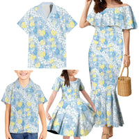 Anthurium Plumeria Lei Pastel Family Matching Mermaid Dress and Hawaiian Shirt Blue Hawaiian Splendid Palaka LT01 - Polynesian Pride