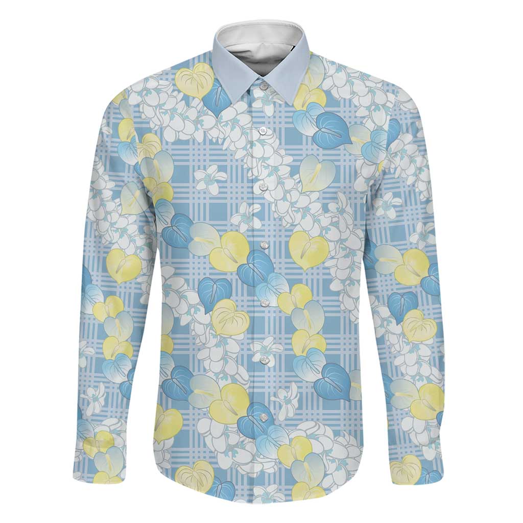 Anthurium Plumeria Lei Pastel Family Matching Off The Shoulder Long Sleeve Dress and Hawaiian Shirt Blue Hawaiian Splendid Palaka LT01 Dad's Shirt - Long Sleeve Blue - Polynesian Pride