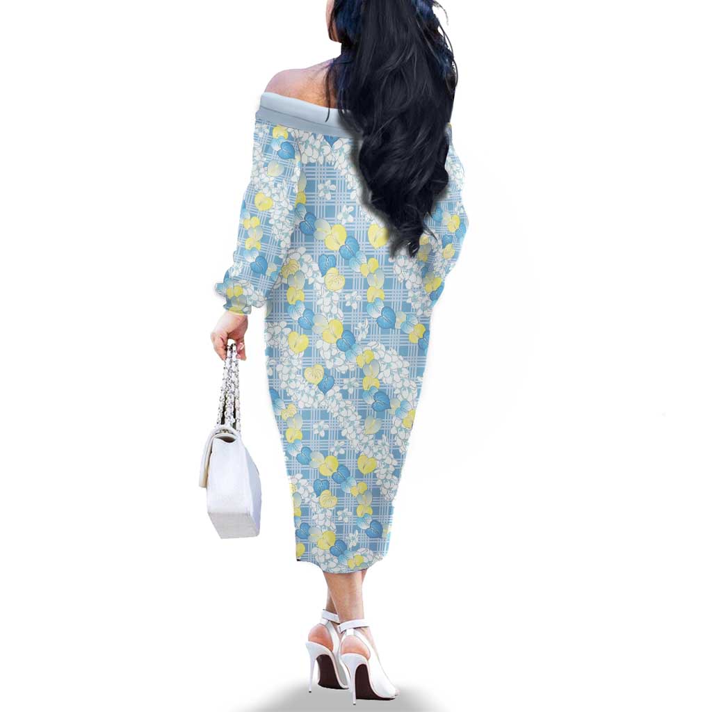 Anthurium Plumeria Lei Pastel Family Matching Off The Shoulder Long Sleeve Dress and Hawaiian Shirt Blue Hawaiian Splendid Palaka LT01 - Polynesian Pride