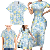 Anthurium Plumeria Lei Pastel Family Matching Short Sleeve Bodycon Dress and Hawaiian Shirt Blue Hawaiian Splendid Palaka LT01 - Polynesian Pride
