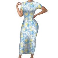 Anthurium Plumeria Lei Pastel Family Matching Short Sleeve Bodycon Dress and Hawaiian Shirt Blue Hawaiian Splendid Palaka LT01 Mom's Dress Blue - Polynesian Pride