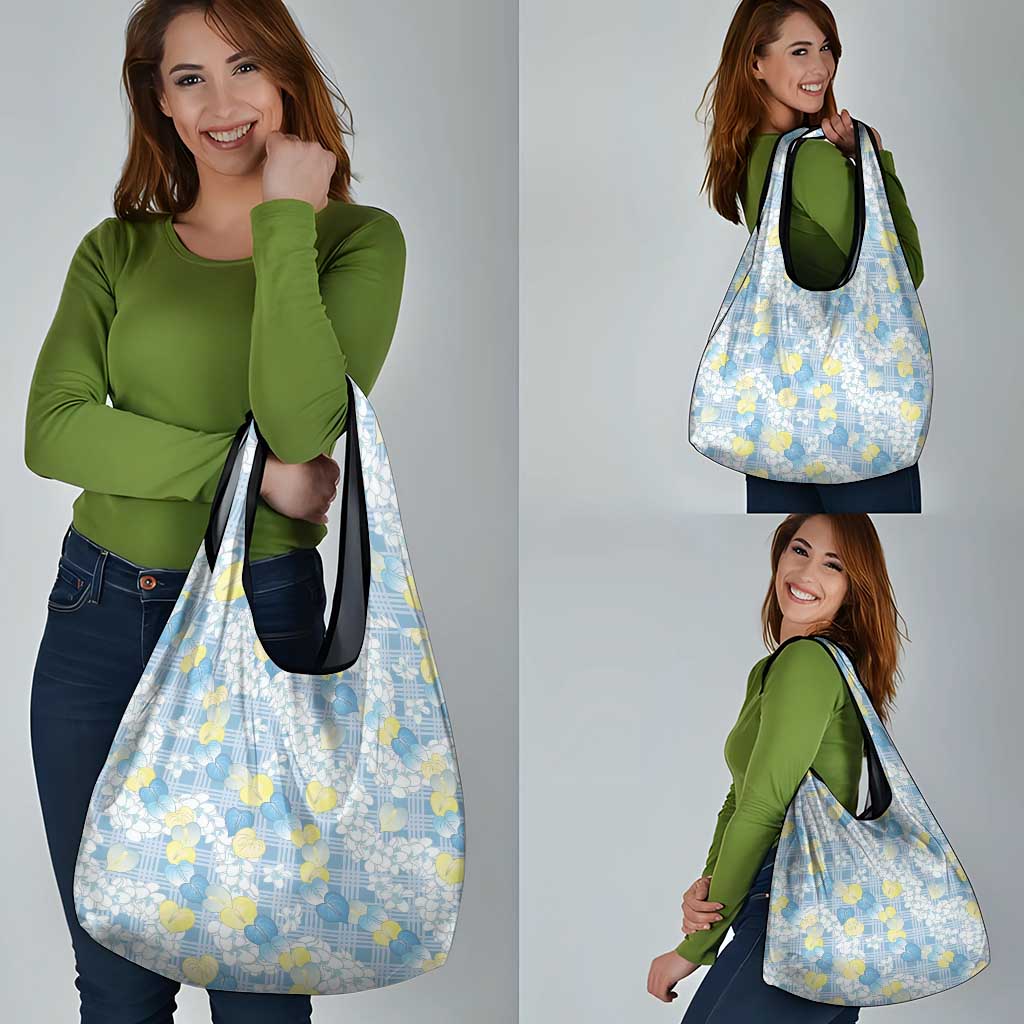 Anthurium Plumeria Lei Pastel Grocery Bag Blue Hawaiian Splendid Palaka LT01 - Polynesian Pride