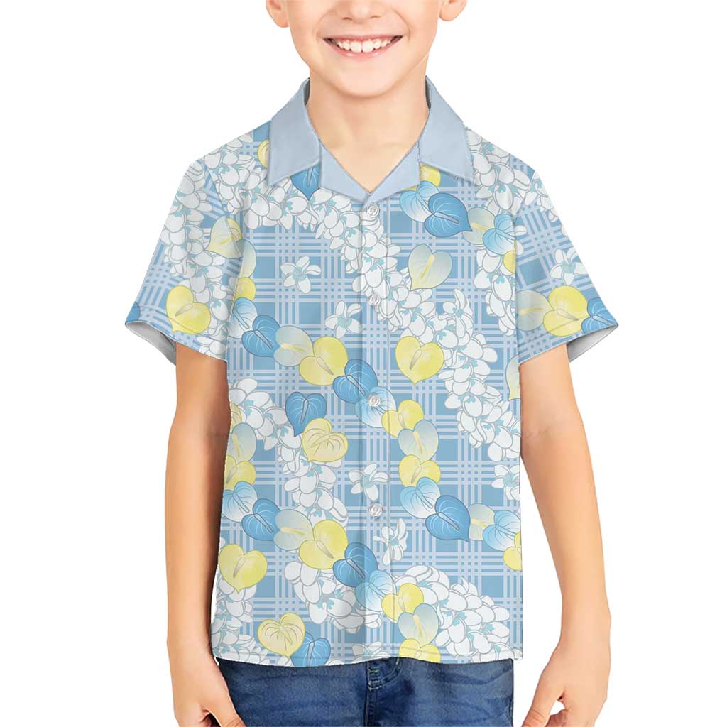 Anthurium Plumeria Lei Pastel Kid Hawaiian Shirt Blue Hawaiian Splendid Palaka LT01 Kid Blue - Polynesian Pride