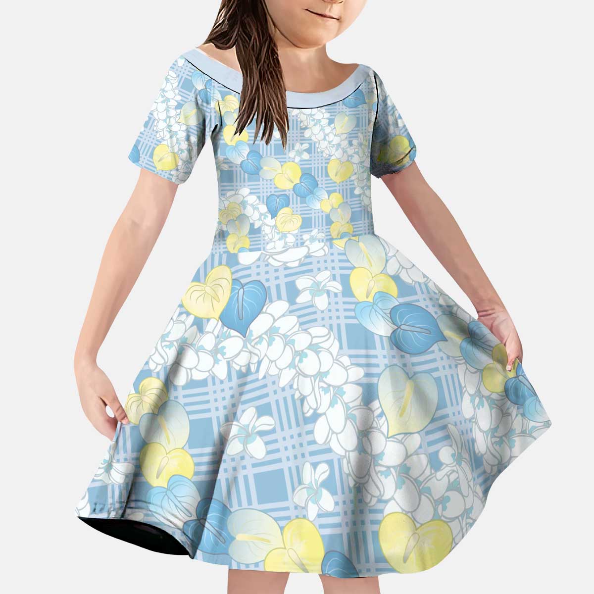 Anthurium Plumeria Lei Pastel Kid Short Sleeve Dress Blue Hawaiian Splendid Palaka LT01 KID Blue - Polynesian Pride