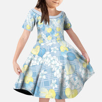 Anthurium Plumeria Lei Pastel Kid Short Sleeve Dress Blue Hawaiian Splendid Palaka LT01 KID Blue - Polynesian Pride