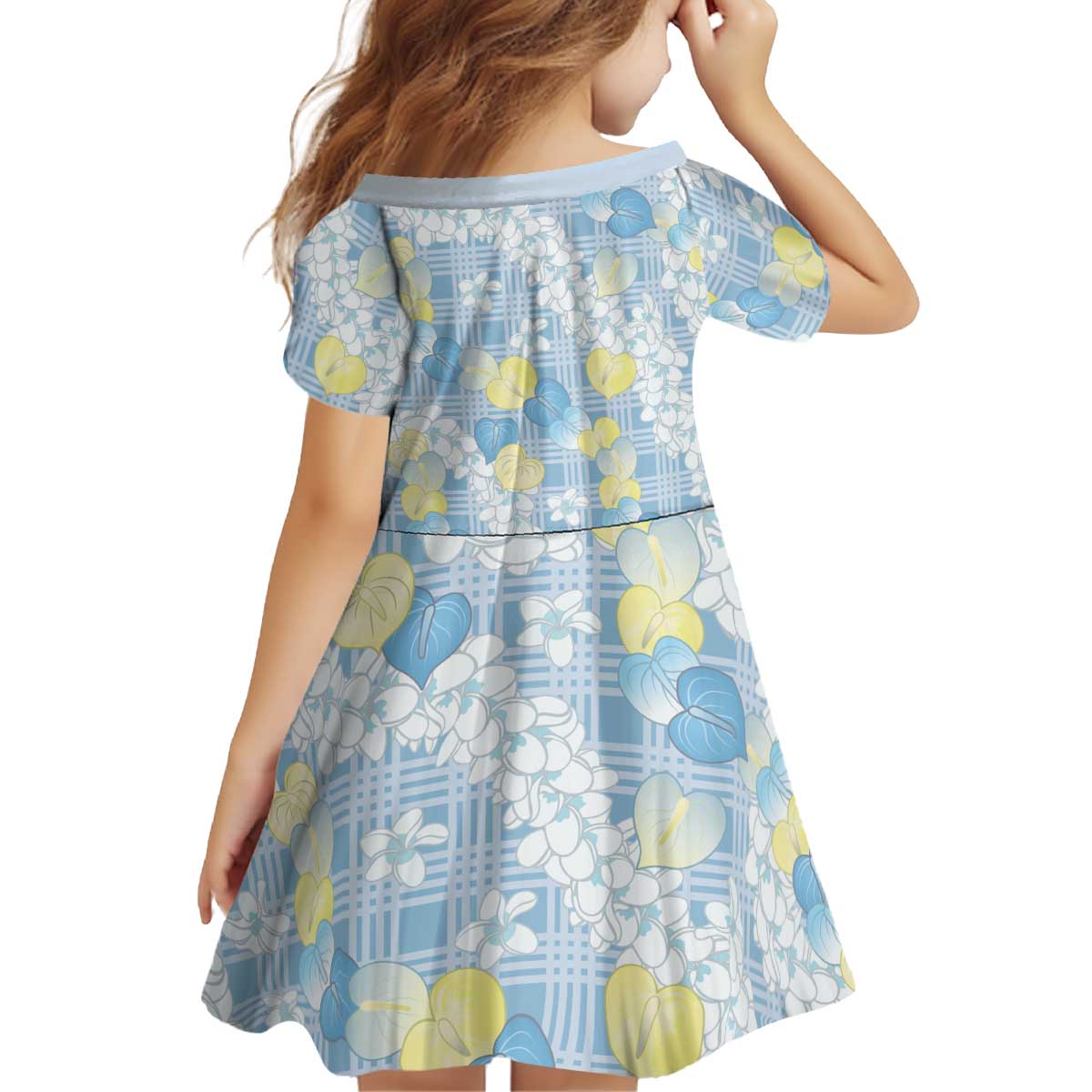 Anthurium Plumeria Lei Pastel Kid Short Sleeve Dress Blue Hawaiian Splendid Palaka LT01 - Polynesian Pride