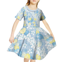 Anthurium Plumeria Lei Pastel Kid Short Sleeve Dress Blue Hawaiian Splendid Palaka LT01 - Polynesian Pride