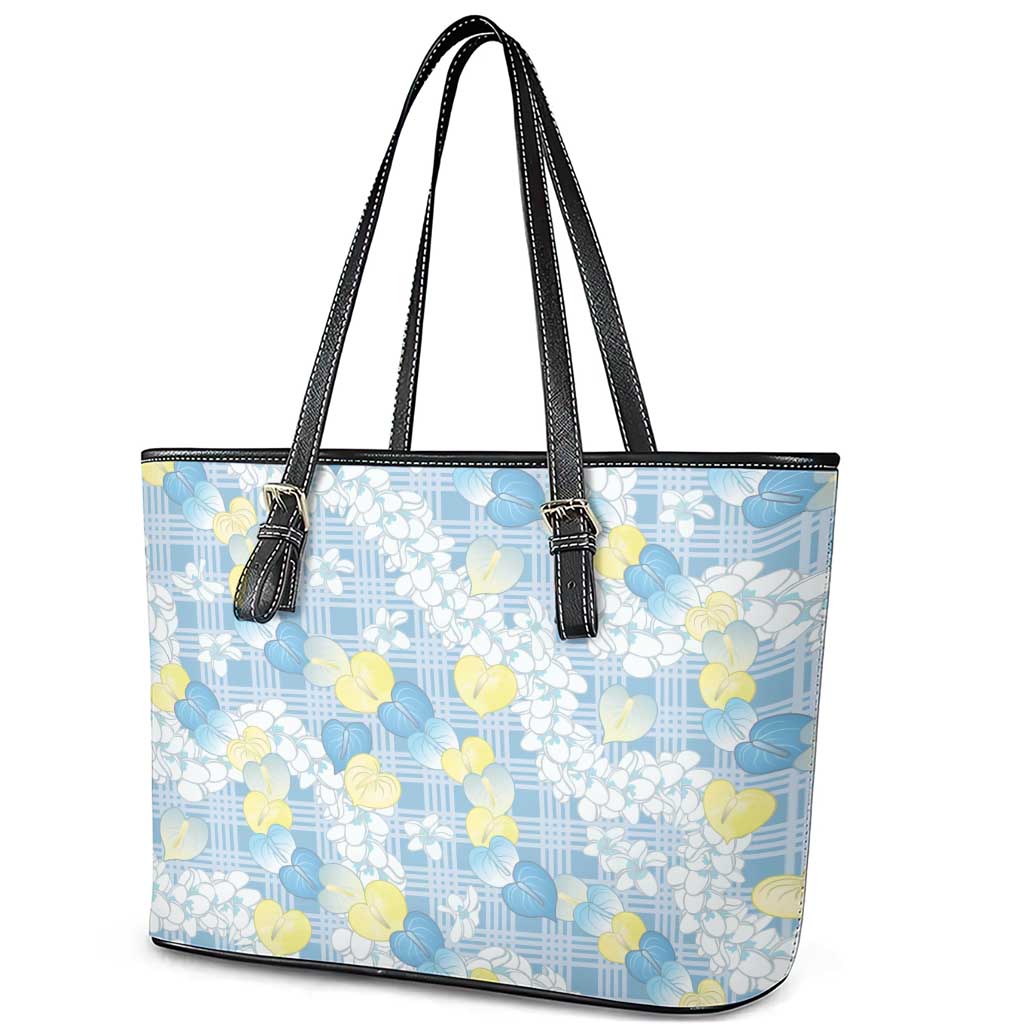 Anthurium Plumeria Lei Pastel Leather Tote Bag Blue Hawaiian Splendid Palaka