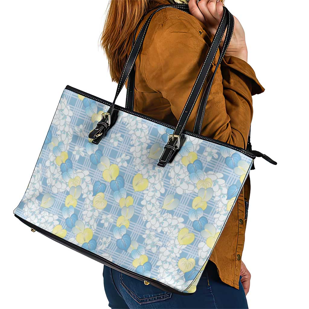 Anthurium Plumeria Lei Pastel Leather Tote Bag Blue Hawaiian Splendid Palaka