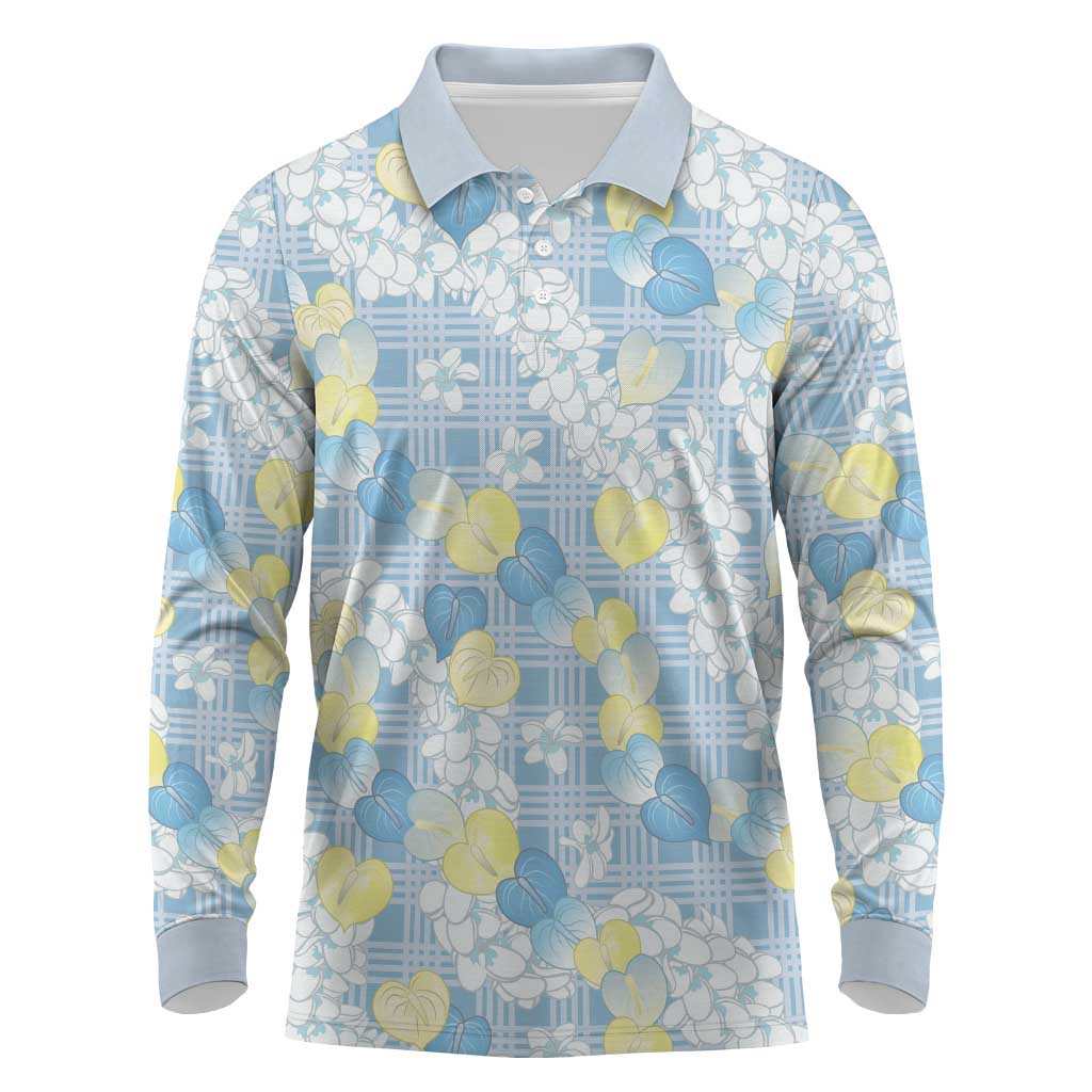 Anthurium Plumeria Lei Pastel Long Sleeve Polo Shirt Blue Hawaiian Splendid Palaka LT01 Blue - Polynesian Pride