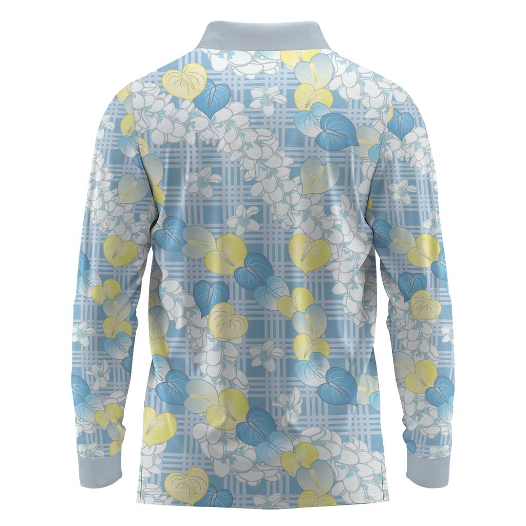 Anthurium Plumeria Lei Pastel Long Sleeve Polo Shirt Blue Hawaiian Splendid Palaka LT01 - Polynesian Pride