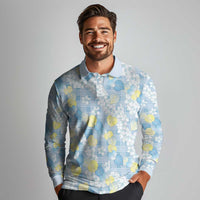 Anthurium Plumeria Lei Pastel Long Sleeve Polo Shirt Blue Hawaiian Splendid Palaka LT01 - Polynesian Pride