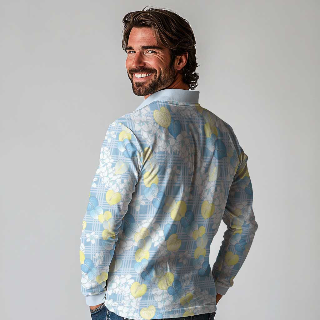 Anthurium Plumeria Lei Pastel Long Sleeve Polo Shirt Blue Hawaiian Splendid Palaka LT01 - Polynesian Pride