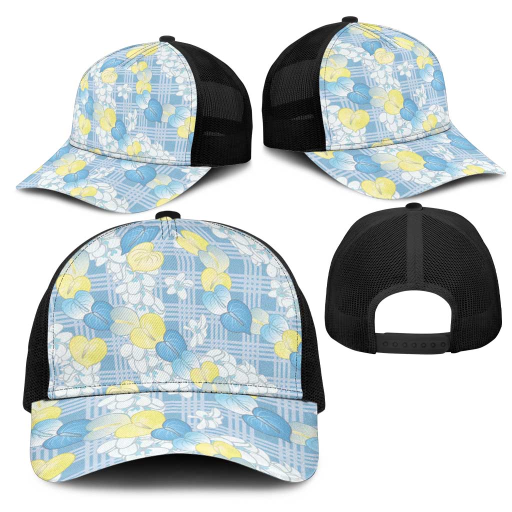 Anthurium Plumeria Lei Pastel Mesh Trucker Cap Blue Hawaiian Splendid Palaka