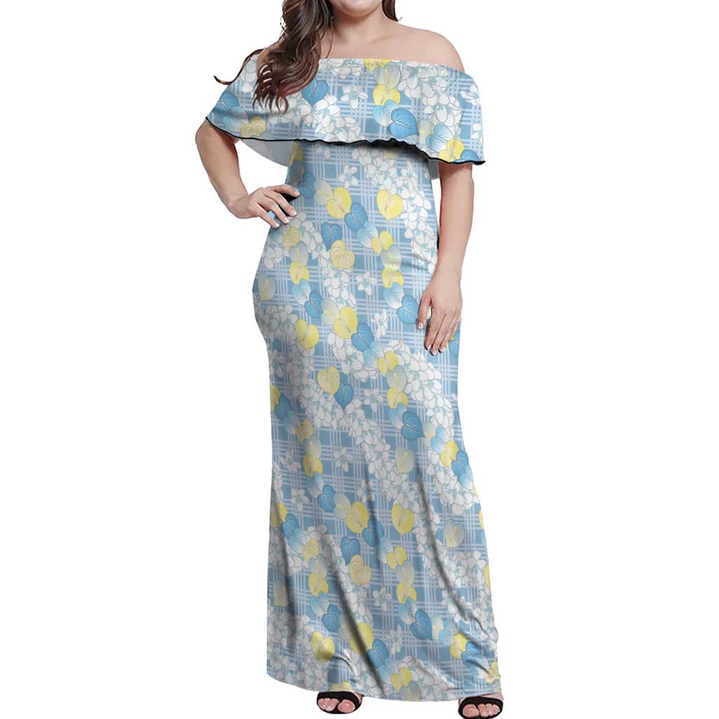 Anthurium Plumeria Lei Pastel Off Shoulder Maxi Dress Blue Hawaiian Splendid Palaka