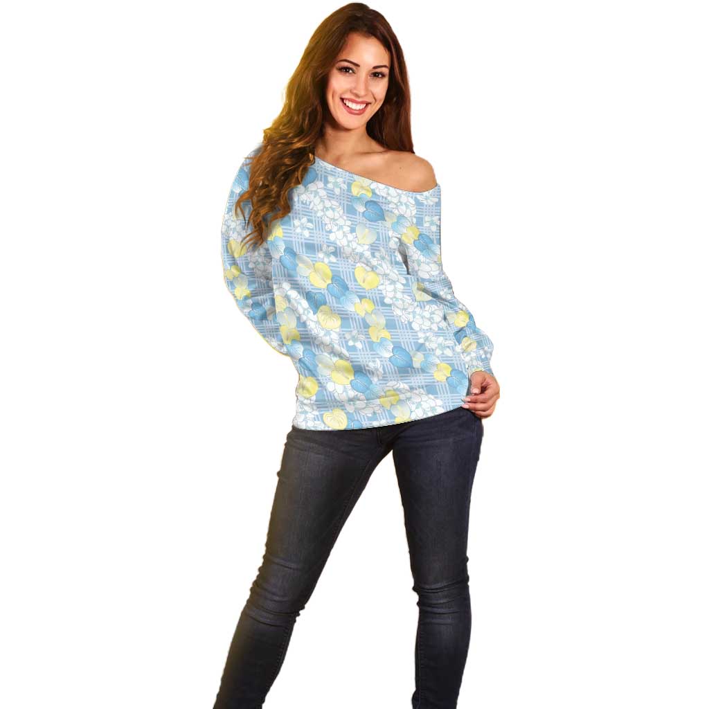 Anthurium Plumeria Lei Pastel Off Shoulder Sweater Blue Hawaiian Splendid Palaka