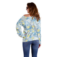 Anthurium Plumeria Lei Pastel Off Shoulder Sweater Blue Hawaiian Splendid Palaka