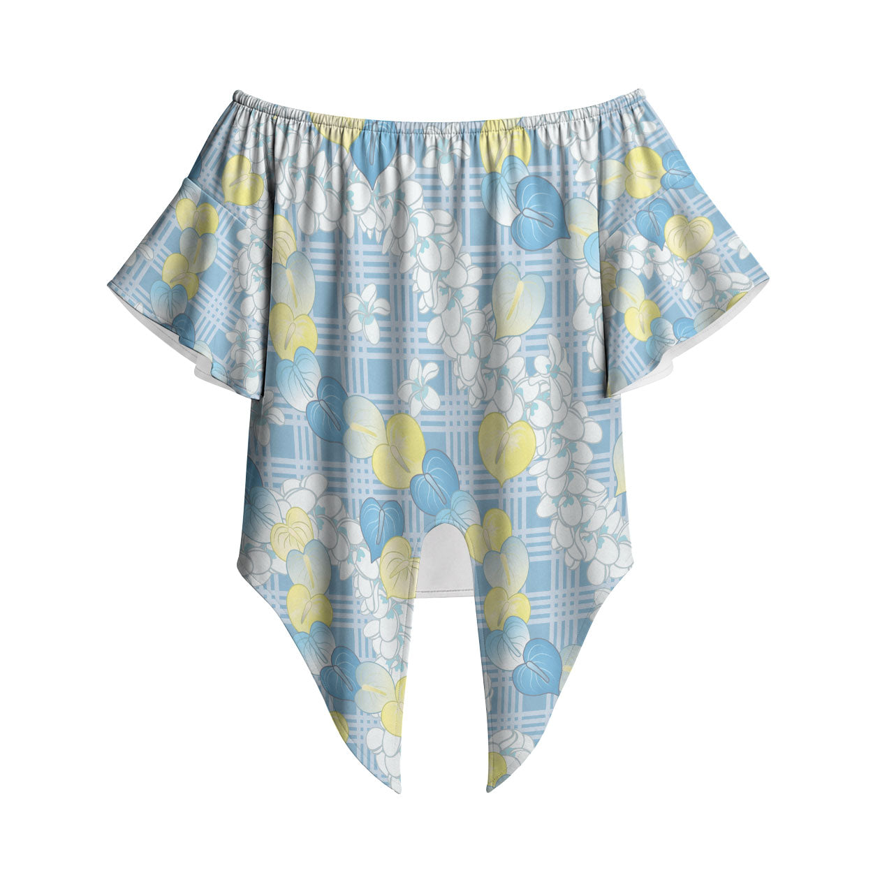 Anthurium Plumeria Lei Pastel Off Shoulder Wrap Waist Top Blue Hawaiian Splendid Palaka LT01 Blue - Polynesian Pride