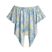 Anthurium Plumeria Lei Pastel Off Shoulder Wrap Waist Top Blue Hawaiian Splendid Palaka LT01 Blue - Polynesian Pride