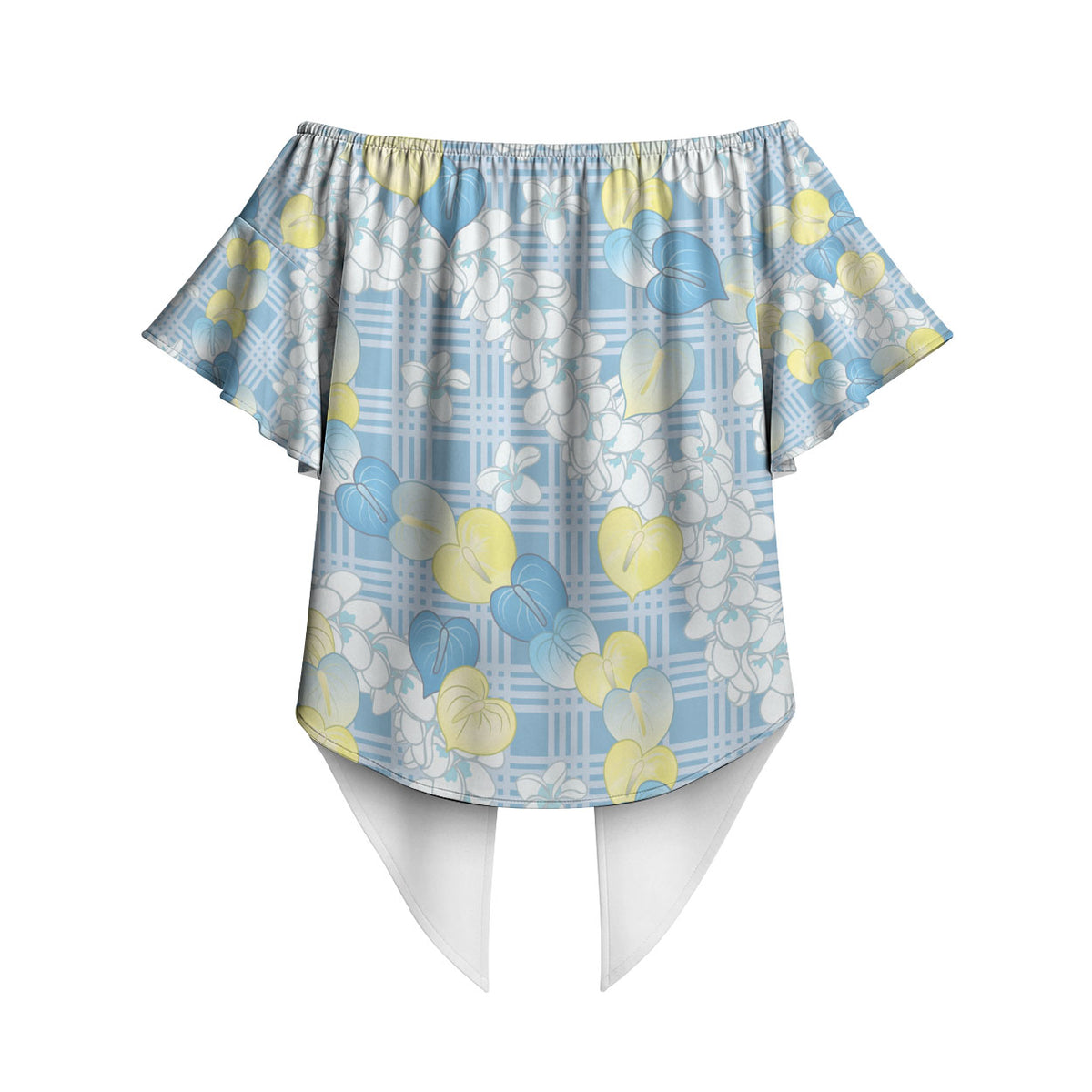 Anthurium Plumeria Lei Pastel Off Shoulder Wrap Waist Top Blue Hawaiian Splendid Palaka LT01 - Polynesian Pride