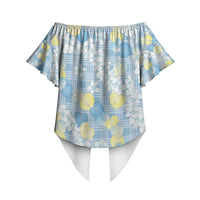 Anthurium Plumeria Lei Pastel Off Shoulder Wrap Waist Top Blue Hawaiian Splendid Palaka LT01 - Polynesian Pride