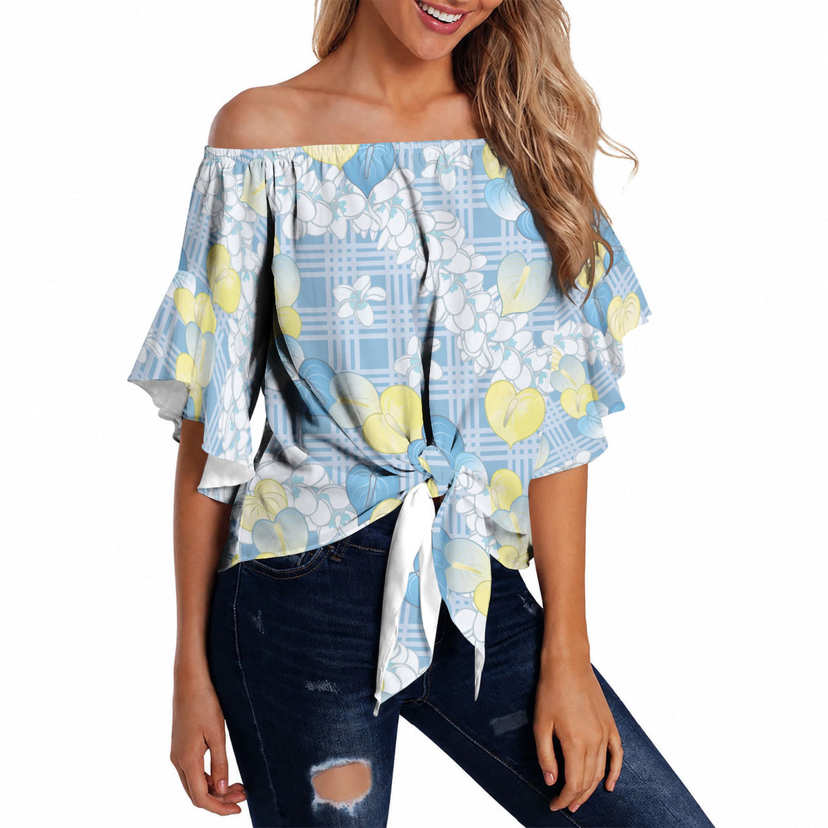 Anthurium Plumeria Lei Pastel Off Shoulder Wrap Waist Top Blue Hawaiian Splendid Palaka LT01 - Polynesian Pride