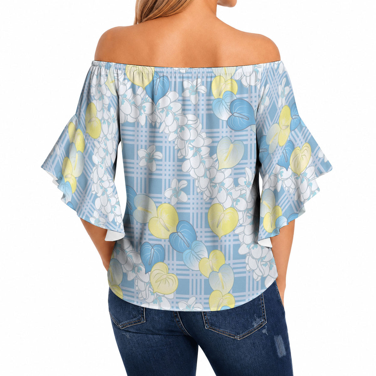 Anthurium Plumeria Lei Pastel Off Shoulder Wrap Waist Top Blue Hawaiian Splendid Palaka LT01 - Polynesian Pride