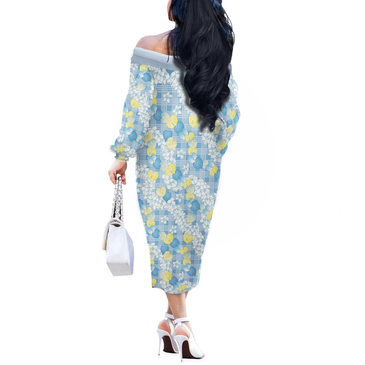 Anthurium Plumeria Lei Pastel Off The Shoulder Long Sleeve Dress Blue Hawaiian Splendid Palaka