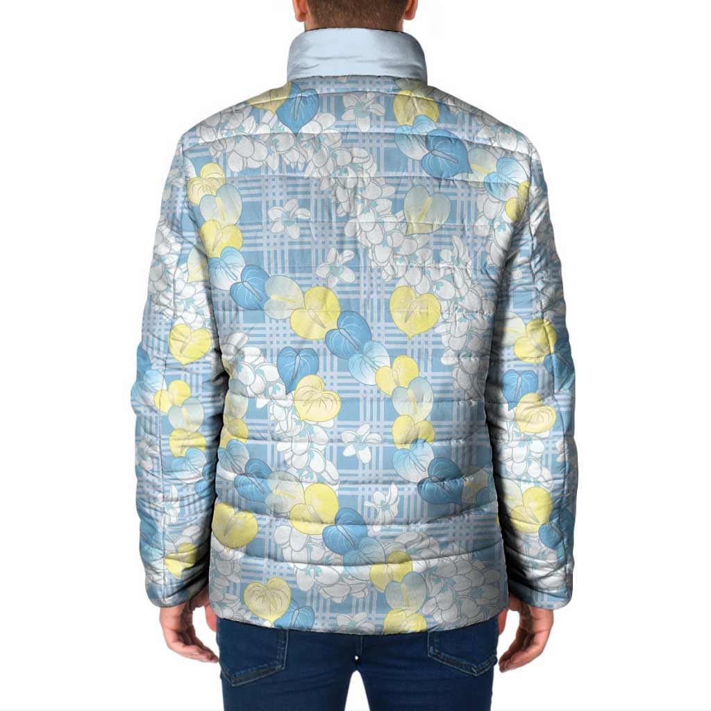 Anthurium Plumeria Lei Pastel Padded Jacket Blue Hawaiian Splendid Palaka