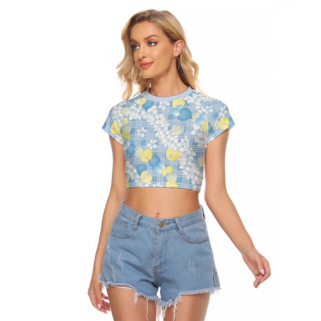 Anthurium Plumeria Lei Pastel Raglan Cropped T Shirt Blue Hawaiian Splendid Palaka