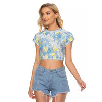 Anthurium Plumeria Lei Pastel Raglan Cropped T Shirt Blue Hawaiian Splendid Palaka