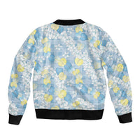 Anthurium Plumeria Lei Pastel Sleeve Zip Bomber Jacket Blue Hawaiian Splendid Palaka