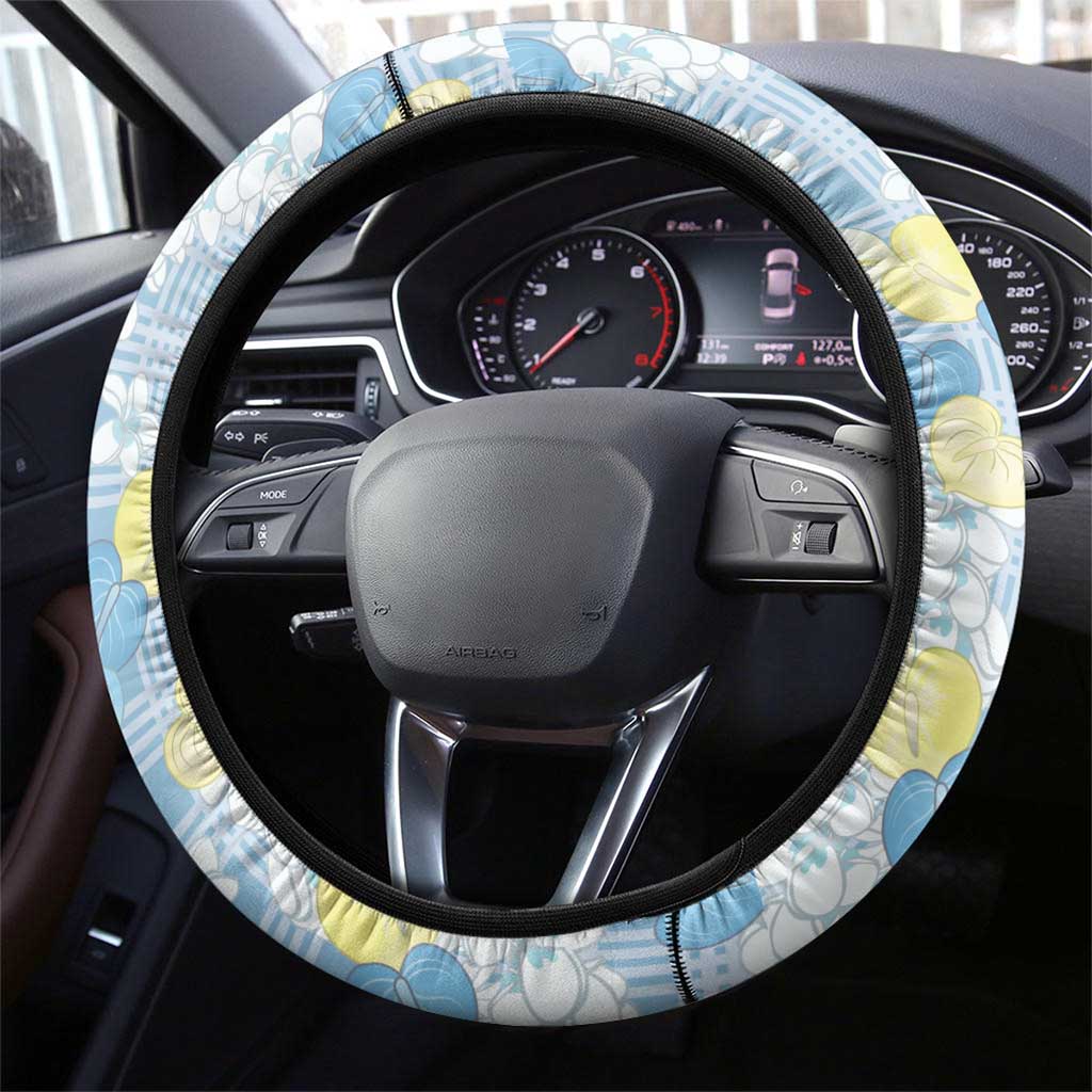 Anthurium Plumeria Lei Pastel Steering Wheel Cover Blue Hawaiian Splendid Palaka