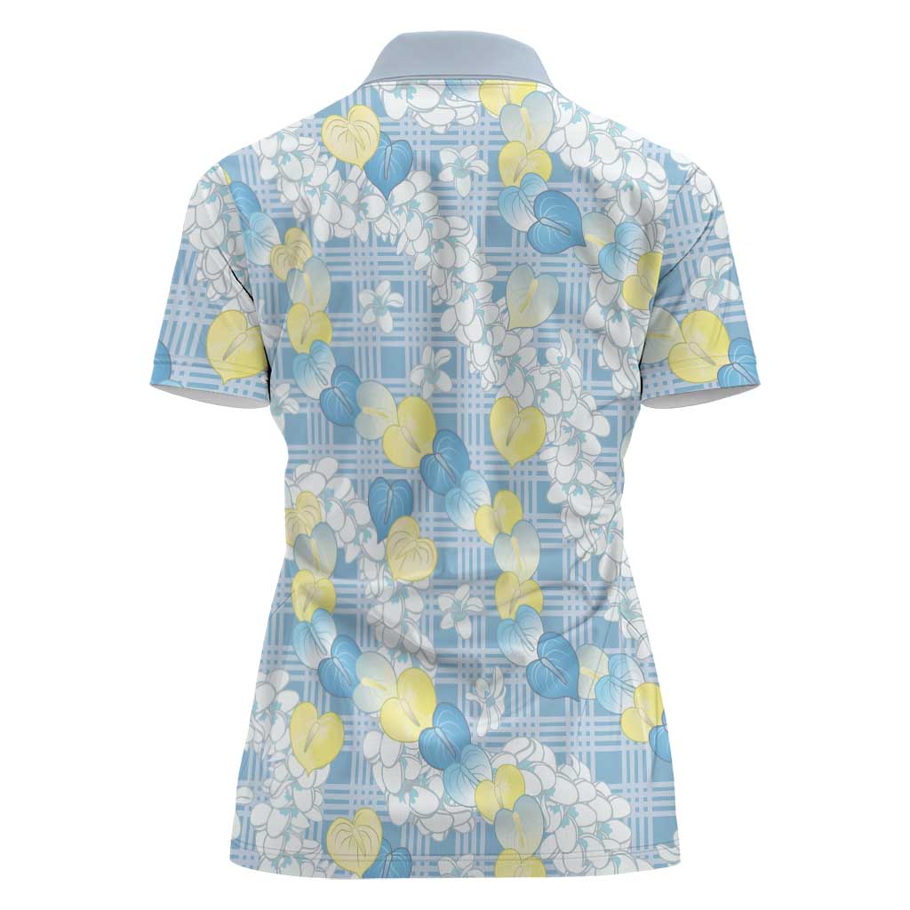 Anthurium Plumeria Lei Pastel Women Polo Shirt Blue Hawaiian Splendid Palaka