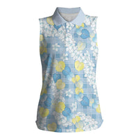 Anthurium Plumeria Lei Pastel Women Sleeveless Polo Shirt Blue Hawaiian Splendid Palaka LT01 Female Blue - Polynesian Pride
