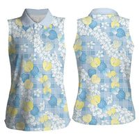 Anthurium Plumeria Lei Pastel Women Sleeveless Polo Shirt Blue Hawaiian Splendid Palaka LT01 - Polynesian Pride