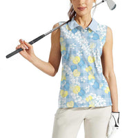 Anthurium Plumeria Lei Pastel Women Sleeveless Polo Shirt Blue Hawaiian Splendid Palaka LT01 - Polynesian Pride