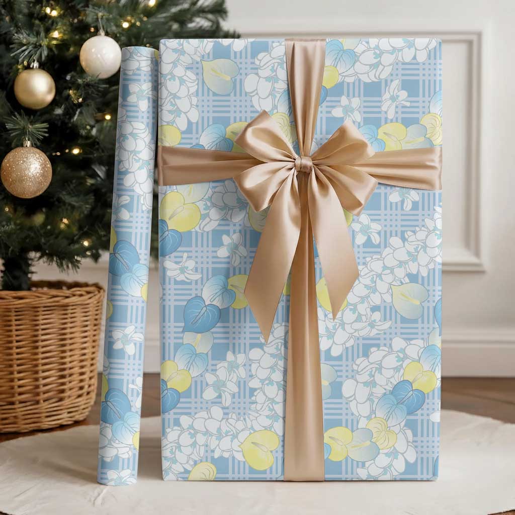 Anthurium Plumeria Lei Pastel Wrapping Paper Blue Hawaiian Splendid Palaka