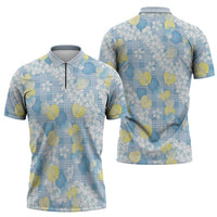 Anthurium Plumeria Lei Pastel Zipper Polo Shirt Blue Hawaiian Splendid Palaka