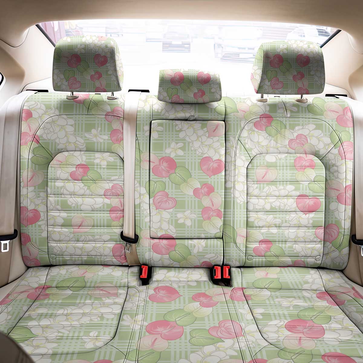 Anthurium Plumeria Lei Pastel Back Car Seat Cover Green Hawaiian Splendid Palaka