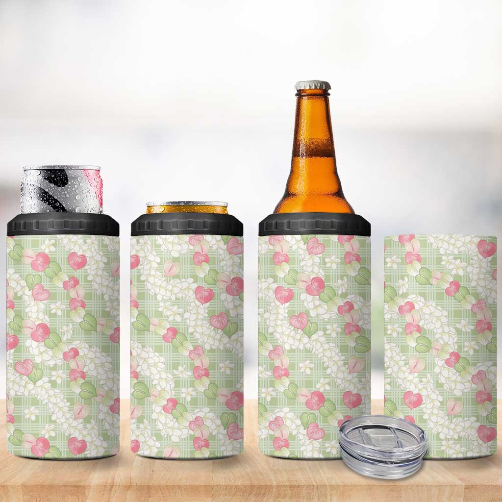 Anthurium Plumeria Lei Pastel 4 in 1 Can Cooler Tumbler Green Hawaiian Splendid Palaka